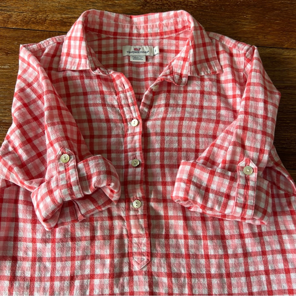 Vineyard Vines Red Pink Gingham Linen Cotton Button Blend Down Shirt Top Size 0 - Picture 11 of 16